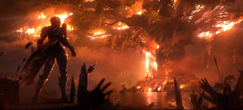 泰達希爾樹上還不及逃難的夜精靈平民，都慘遭烈火吞噬。   圖：擷取自魔獸世界YouTube片段