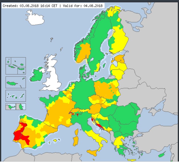 歐洲氣象警告團體Meteoalarm針對葡萄牙南部以及西班牙的巴達霍斯（Badajoz）發布紅色警告，預測可能打破1977年希臘雅典創下的48度紀錄。   圖：翻攝Meteoalarm官網