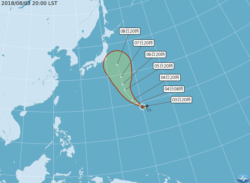 昨早上八點生成的第13號颱風「珊珊」，中央氣象局預估將往日本東南方前進，一周內侵台機率低。   圖：中央氣象局提供