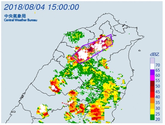 氣象局表示，在15：03針對台北市、新北市、桃園市、新竹縣發布大雷雨即時訊息，提醒嚴防劇烈降雨發生。   圖：中央氣象局/提供
