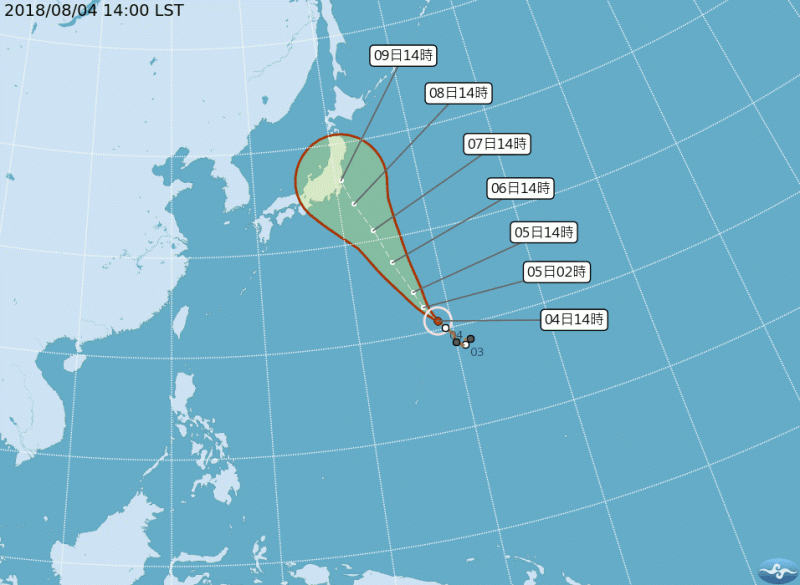 今年第13號颱風珊珊目前位置在日本東南方海域，以每小時15公里速度朝北北西行進，將直撲日本。不過，跟上一個侵襲日本的颱風雲雀一樣，受到高氣壓影響，珊珊路徑也難捉摸。   圖 : 翻攝自中央氣象局