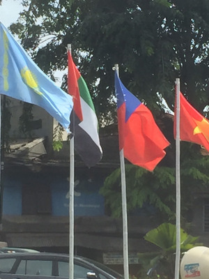 印尼各地熱情的民眾為支持亞運，自行在亞運相關場合放置中華民國國旗，未徵詢印尼亞運籌委會的同意，放置國旗的民眾與印尼亞運籌委會無關。   圖：中央社/提供
