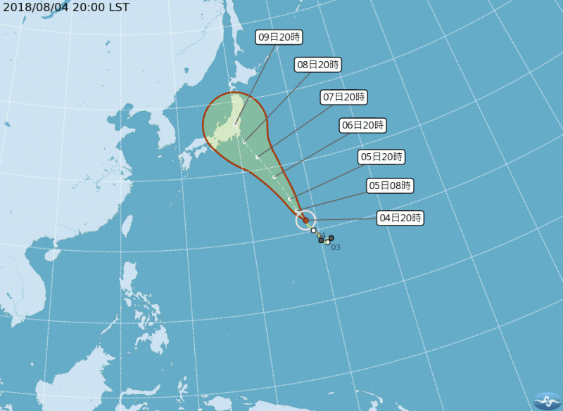 中央氣象局在昨(4)晚「珊珊」颱風已增強為中颱，並且預估周四(9)日將影響日本天氣。   圖：中央氣象局提供