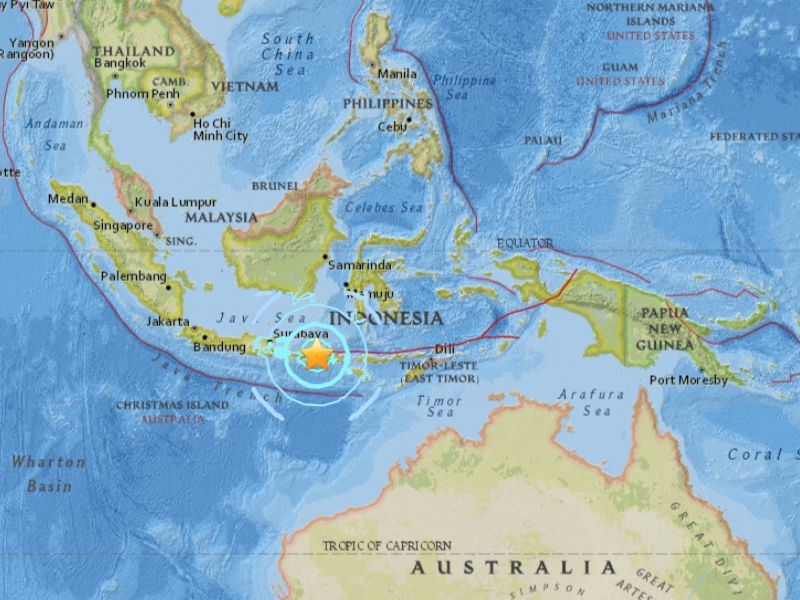 印尼龍目島外海5日遭到規模7強烈地震襲擊。   圖：翻攝自USGS網頁（earthquake.usgs.gov）