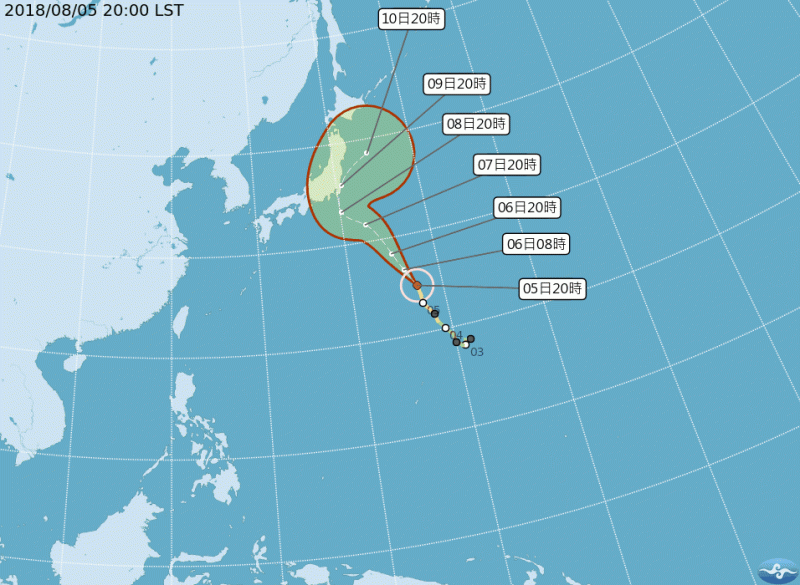 第13號中度颱風「珊珊」持續朝日本東南方海面移動，中央氣象局提醒旅日朋友，注意航班及天氣資訊。   圖：中央氣象局提供