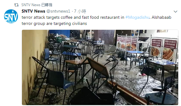 索馬利亞首都摩加迪休市中心1間餐廳遭受汽車炸彈攻擊，現場一片狼籍。   圖：翻攝索馬利亞國家電台推特
