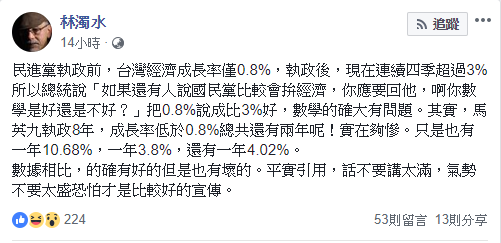 林濁水說，蔡英文要平實引用數據，話不要講太滿，氣勢不要太盛恐怕才是比較好的宣傳。   圖：林濁水臉書/提供