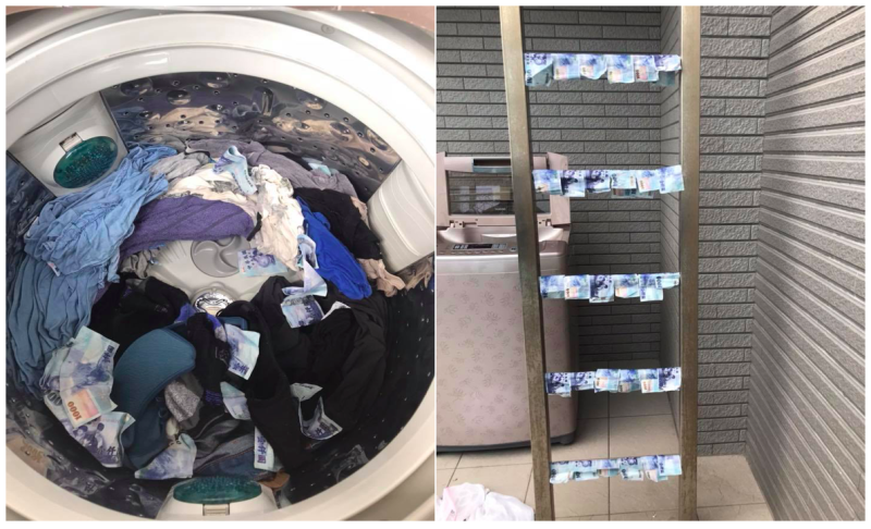 一名家庭主婦洗完衣服準備晾衣服時，發現老公有三萬元現金也一起丟下去洗。   圖：翻攝爆料公社