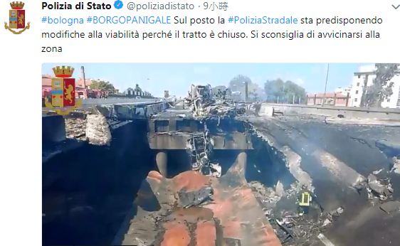 義大利波隆那機場附近高速公路傳火燒車意外，公路塌陷，死傷慘重。   圖：翻攝義大利州警推特