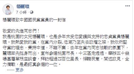 楊麗環今凌晨在臉書發文，文中提到黨內題名人民調低，強調「團結也不該淪為打擊異己的工具，而是實際團結泛藍､在野勢力能力的展現，麗環具有超黨派認同的群眾基礎，麗環絕對能做到！」   圖:翻攝楊麗環臉書