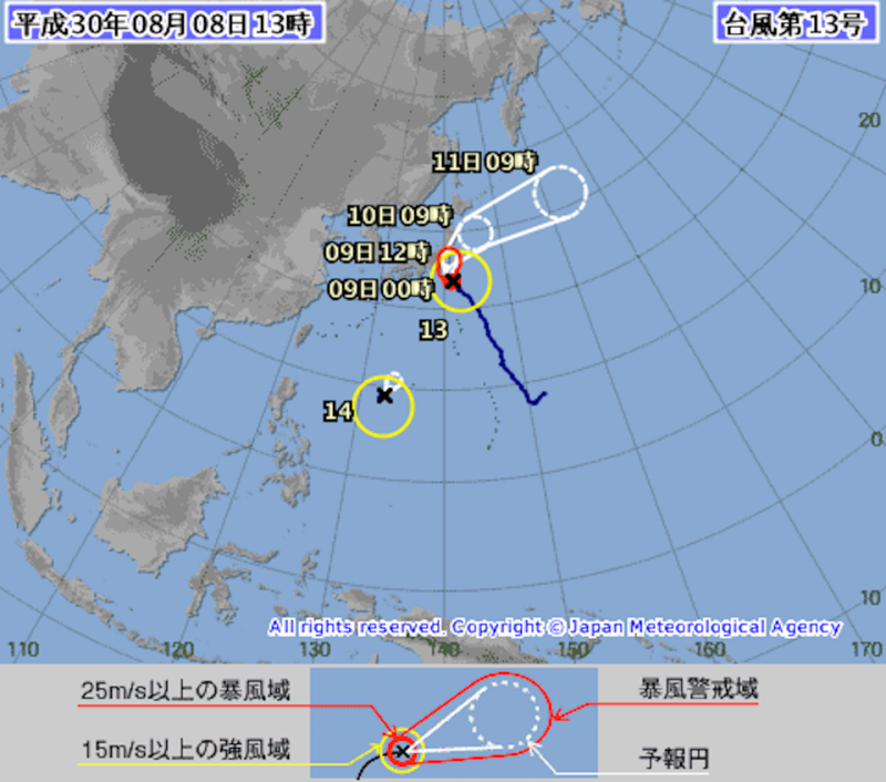 第十三號颱風「珊珊」來勢洶洶，直撲日本，預計將在今（8）日晚間至明（9）日晨間暴風圈將對日本關東地區以及位於東北太平洋側的地區帶來影響。   圖：翻攝自日本氣象廳官方網站