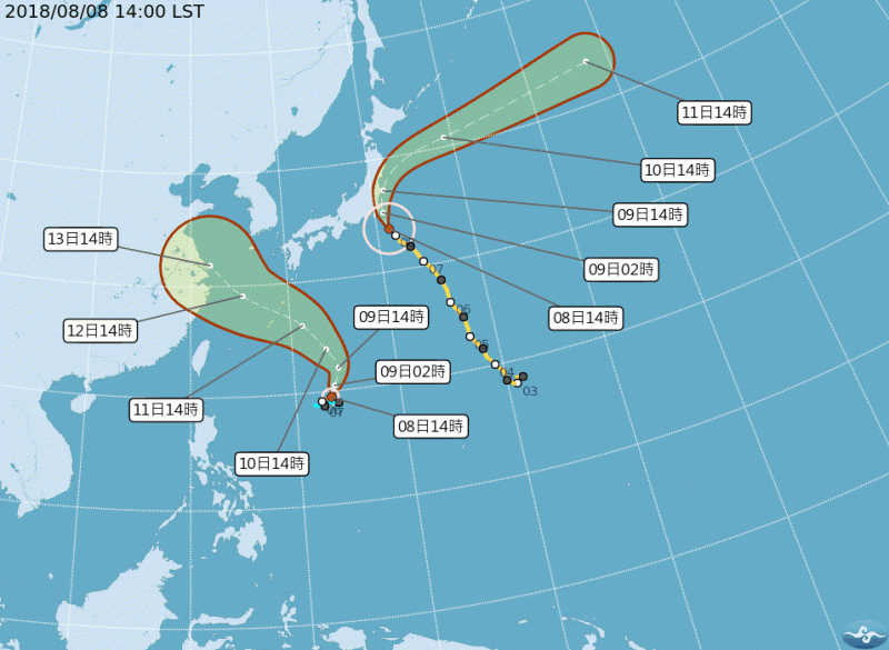 氣象局在稍早15:10發布颱風訊息，原位於琉球東南方海面的熱帶性低氣壓，於今天14時增強發展為輕度颱風魔羯。   圖：中央氣象局提供
