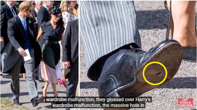 英國哈利王子（左圖左）攜新婚妻子梅根出席好友婚禮，被拍到鞋底破了洞（右圖）。   圖：翻攝YouTube
