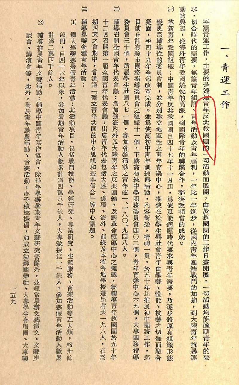 洪孟楷也秀出民國52年國民黨全代會黨務工作報告內容嚴正否認救國團為國民黨附隨組織。   圖：國民黨提供
