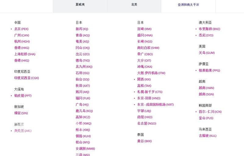 8月9日為4家美國航空公司被中國大陸要求修改台灣名稱最後期限，台灣在夏航官網已「被消失」，也沒被列入中國。    圖：翻攝自自夏威夷航空網頁（www.hawaiianairlines.com.cn)