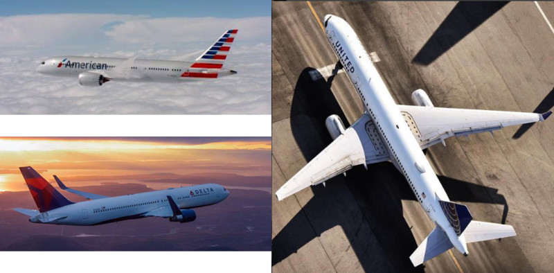 外電指美國聯合航空（右圖，翻攝臉書）、美國航空（左上圖）與達美航空已因應中國要求，著手去台灣化。   圖：《新頭殼》合成