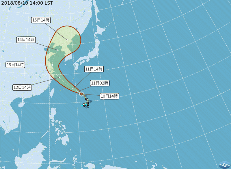 編號第 14 號輕度颱風魔羯，下周一（13）將距離台灣較近，但目前來看，並不會直接對台灣造成影響   圖：翻攝自中央氣象局