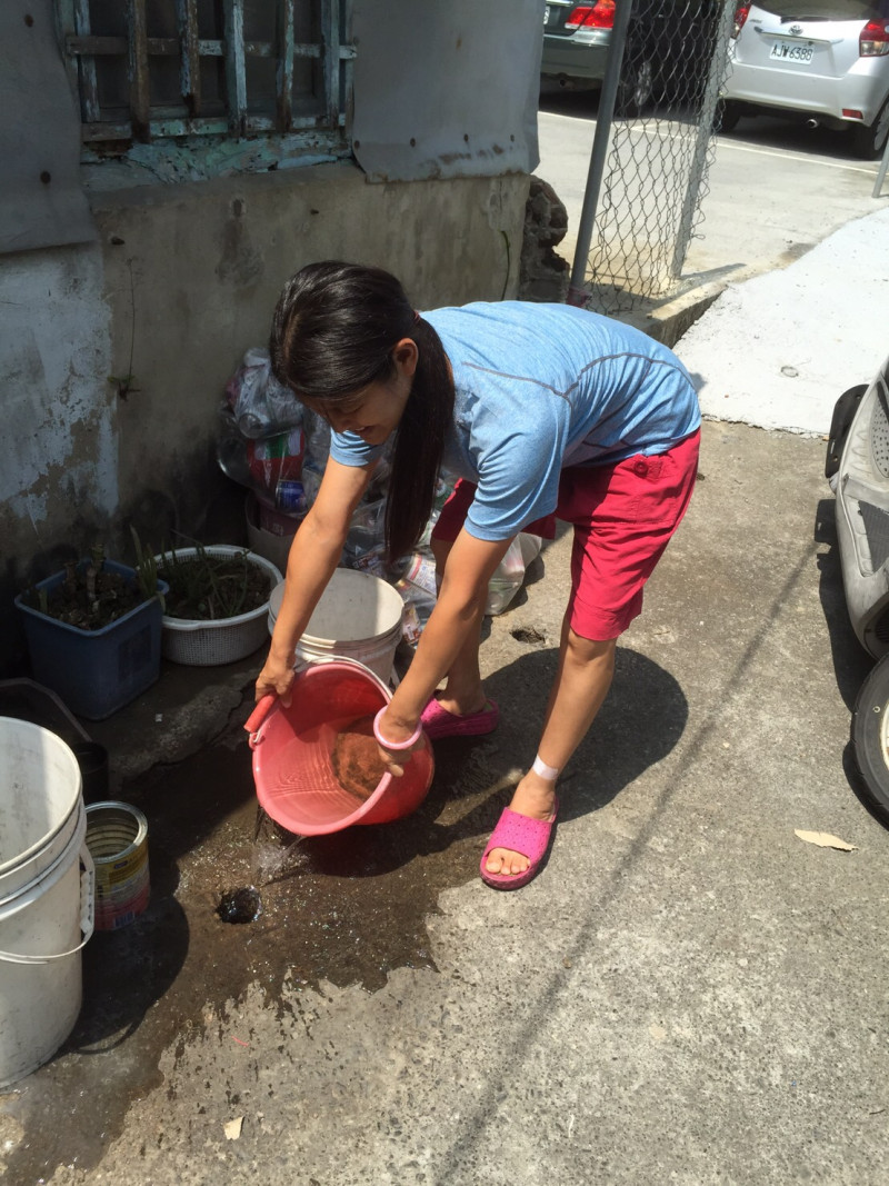 嘉義市政府衛生局勸導民眾倒掉積水容器裡的水，防止病媒蚊發生。   圖：嘉義市政府/提供