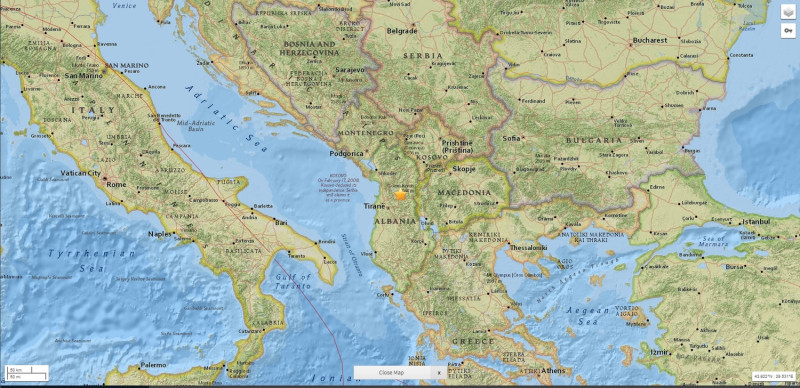 阿爾巴尼亞北部5.4和5.1連兩震，造成部分建築物受損。
。   圖/翻攝自美國地質調查所（USGS）