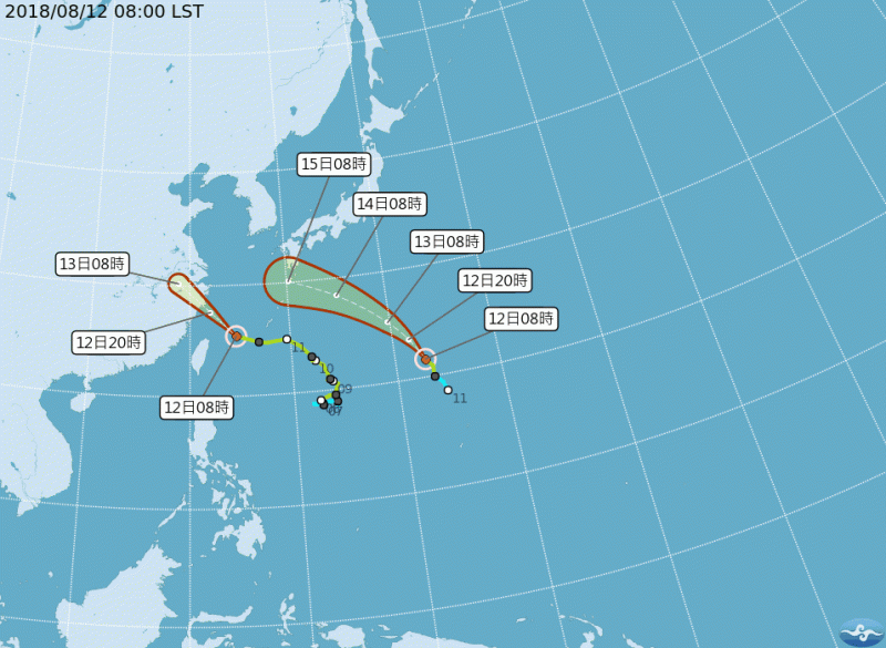 14號颱風「摩羯」路徑大幅西修，預計將在今 (12) 天於江浙一帶登陸；另一颱風「麗琵」存在，預估其路徑將朝著日本方向移動。   圖：翻攝自中央氣象局