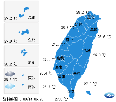 今（14）日清晨6時20分，台澎金馬最新氣溫概況。   圖：翻攝自中央氣象局網站