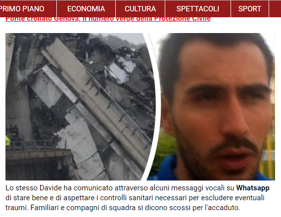 義大利媒體報導，在熱那亞市高架橋意外中，1名前足球員卡佩羅連人帶車墜落50公尺橋下，卻奇嘖撿回一命。   圖：翻攝《II Mattino》