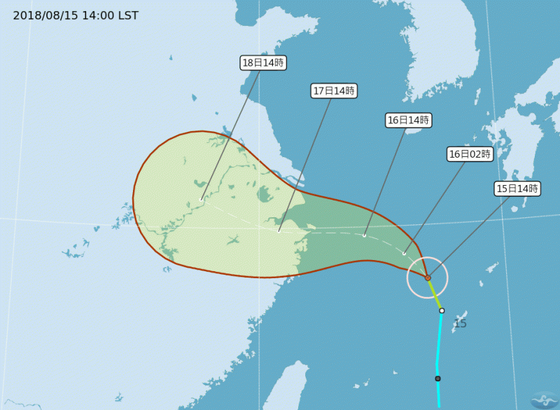 日本氣象廳正式將位於琉球附近的熱帶性低氣壓命名為第18號颱風「棕櫚」，中央氣象局發布棕櫚的路徑潛勢預報。   圖：翻攝自中央氣象局