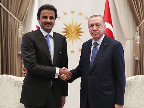 土耳其經濟陷困境，卡達元首塔米姆（左）及時援助，土國總統艾爾段表示感謝。   圖：翻攝土耳其總統府官網