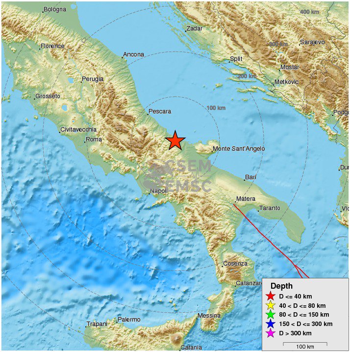義大利16日晚間發生芮氏規模5.3強震，目前沒有重大災情傳出。   圖：翻攝EMSC推特