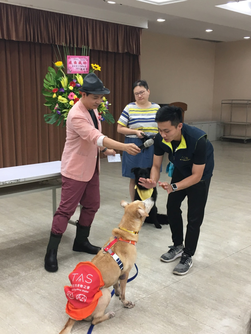 動保處訓犬師現場示範如何訓練動物之家犬隻。 圖:臺北市動物保護處提供