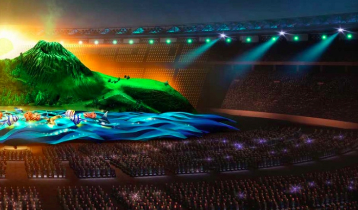 第18屆亞洲運動會今晚在雅加達格羅拉蓬卡諾體育場舉行開幕式，特殊設計的壯觀舞台很吸睛。   圖：亞運籌委會/提供