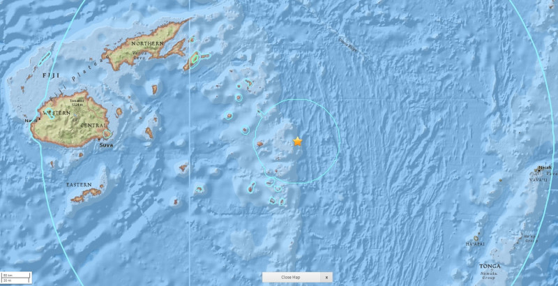 太平洋島國東加(Tonga)附近發生規模8.2強烈地震。   圖/翻攝自美國地質調查局USGS