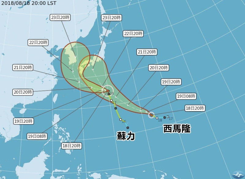 今年的第19號與第20號的颱風都朝日本方向逼近。   圖：翻攝中央氣象局