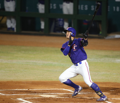 2018雅加達亞運中華成棒隊26日晚間首戰與勁敵南韓隊交手,中華隊林加祐1局上率先開轟,敲出兩分打點全壘打,幫助中華隊先馳得點。 圖:中央社