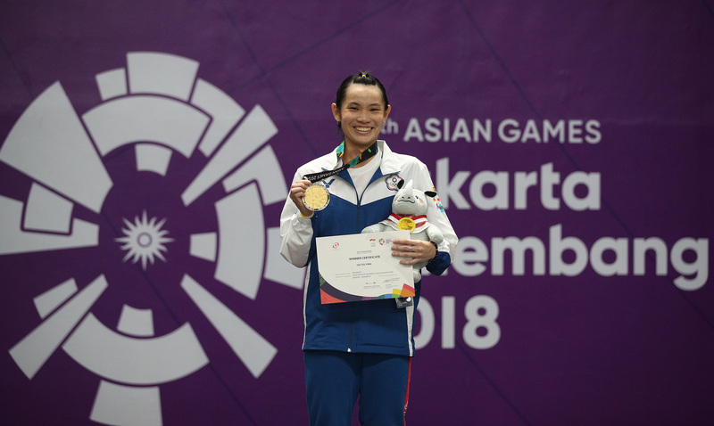 中華隊羽球女將戴資穎（圖）28日在2018雅加達－巨港亞運女子單打決賽以21比13、21比16直落二擊敗印度女將辛度（Pusarla V. Sindhu），勇奪金牌，這是中華隊史首面亞運羽球金牌。   圖：中央社