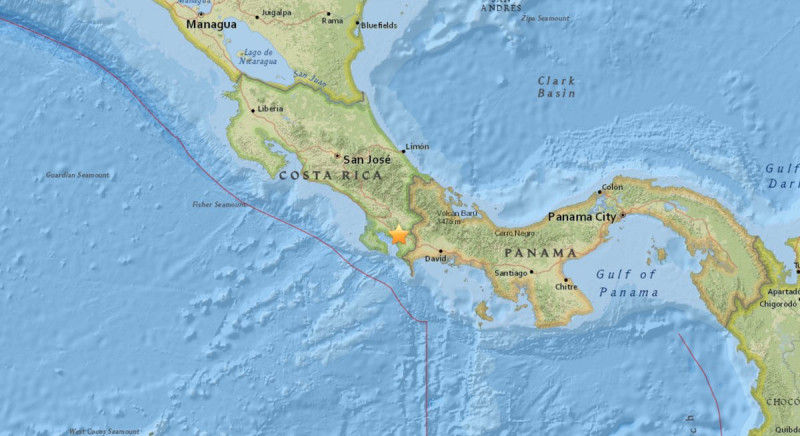 哥斯大黎加西莫蓬塔雷納斯省戈爾菲托區（星號處）29日發生規模5.4強震，距離巴拿馬僅66公里。   圖：翻攝美國地質調查局推特
