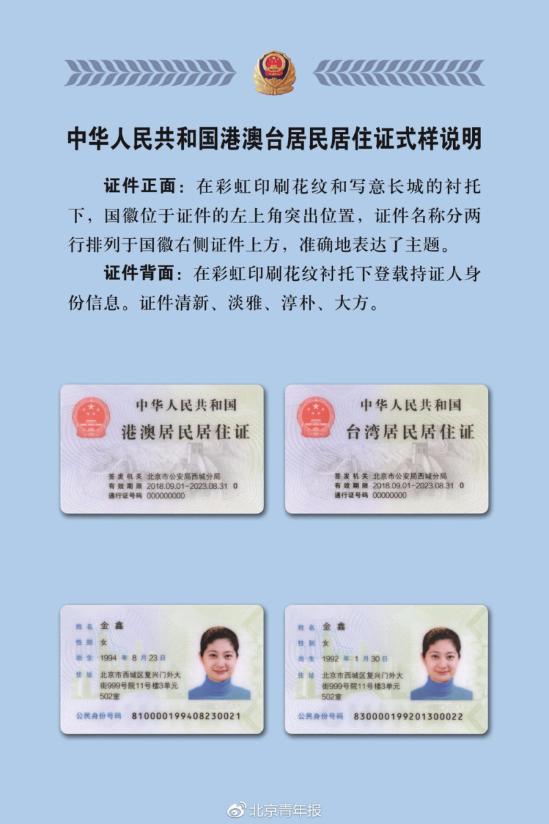 陸委會表示，中國所核發的居住證採取與當地居民身份證相同的18碼編碼方式，兩者格式設計及圖徽、揭露訊息等，幾乎一致，這是他們的政治圖謀。   圖：翻攝自北京青年報