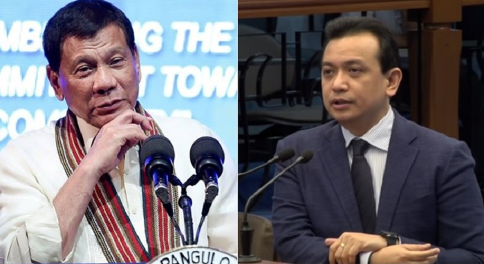 菲律賓總統杜特地(左)宣布前總統特赦令無效，準備逮捕頭號政敵、兩度參與軍變的反對派參議員特立尼斯(右)。   圖：翻攝Youtube