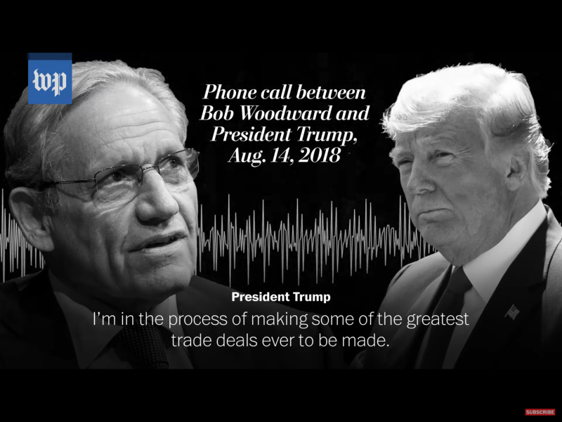 Bob Woodward新書出版之際，華盛頓郵報今（5）日公布了他在2018年8月14日與川普總統的通話錄音。   圖：翻攝自Youtube