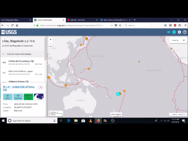 美國地質調查所（USGS）今天表示，太平洋島國斐濟首都蘇瓦（Suva）東南東方105公里處海域發生規模7.8強震，震源深度608公里，沒有出現嚴重海嘯的危險。
   圖：翻攝自Youtube