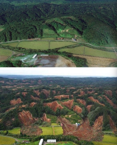 日本的山地震前地震後的差異。   圖：翻攝推特