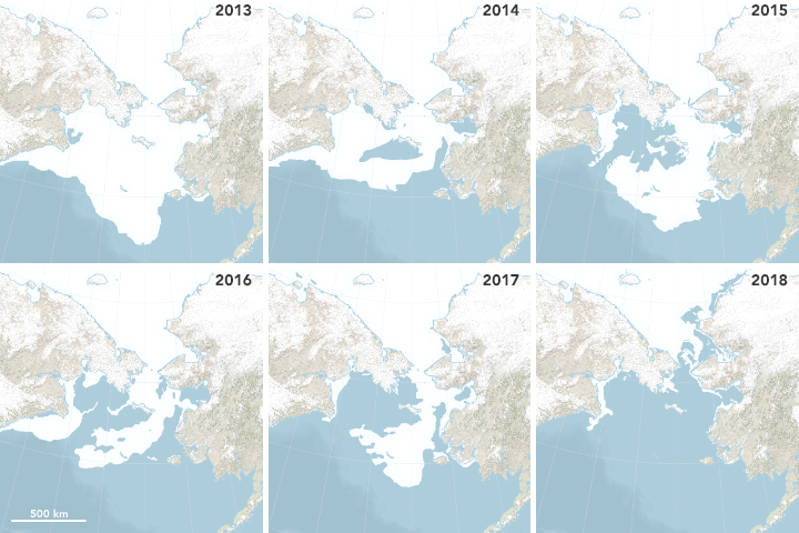 根據美國太空總部的空照圖，2018年白令海峽一帶的冰層降到歷年來最低點。   圖：NASA
