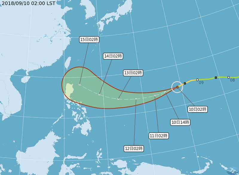 氣象局觀測，第22號中度颱風山竹可能增強為強烈颱風，15、16日最接近台灣。   圖：翻攝中央氣象局