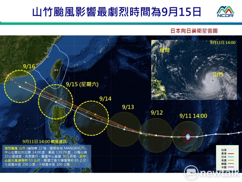 由國家災害防救科技中心提供的衛星雲圖顯示，15日山竹將最接近台灣，提醒民眾小心防範。   圖 : 國家災害防救科技中心/提供