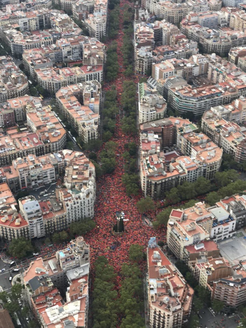 加泰隆尼亞11日發起「Diada2018」活動，百萬人在巴塞隆納街頭遊行，聲援仍被囚禁的獨派人士。   圖：翻攝托拉推特