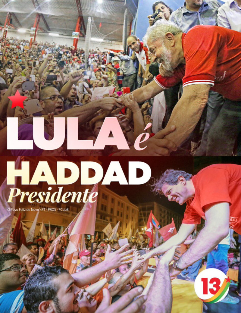 巴西工黨在總統大選前不到1個月，臨時推出哈達德（下圖右）取代前總統魯拉（上圖右），仍須靠魯拉名氣來拉抬聲勢。   圖：翻攝哈達德推特