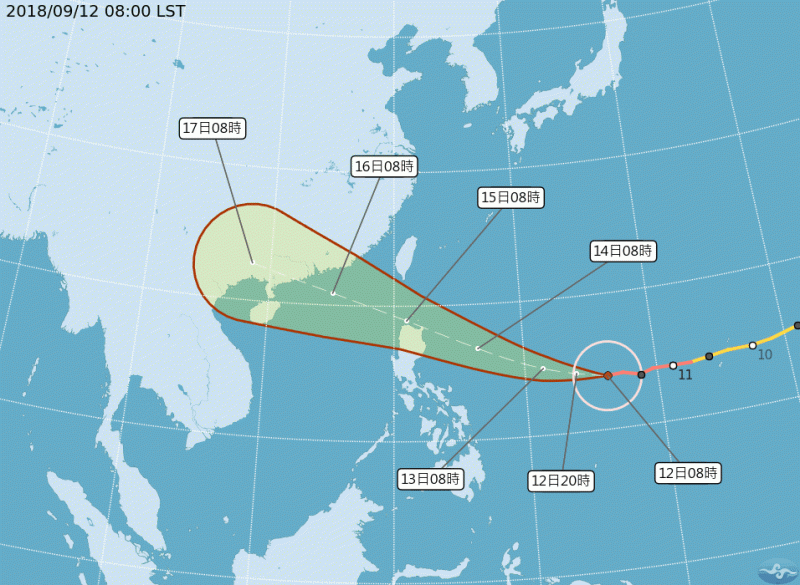 中央氣象局指出，今 (12) 天到14日大多為多雲到晴的天氣，15日山竹颱風逼近，全台都有機會下雨，也不排除發布海上颱風警報。   圖：翻攝自中央氣象局