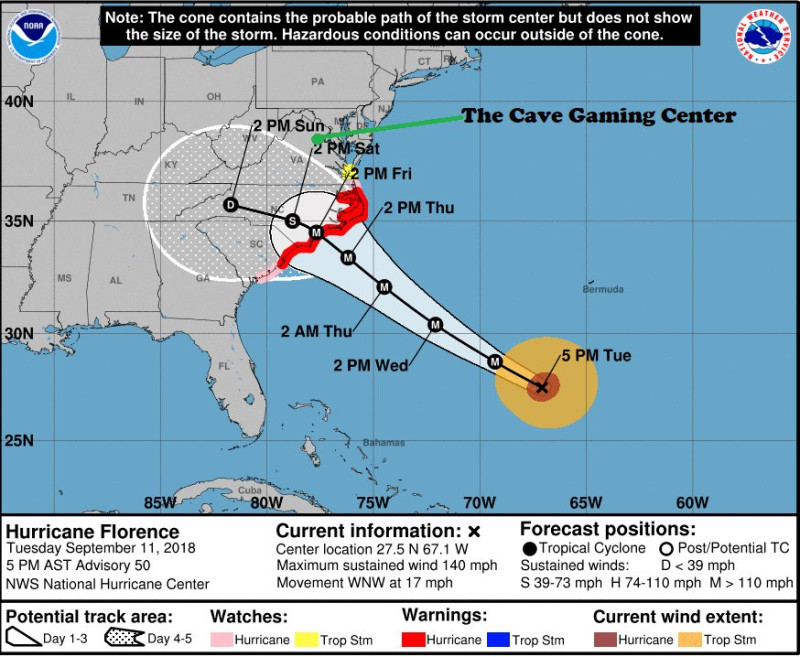 從美國氣象局最新的氣象圖來看，佛羅倫斯颶風很有可能會影響到會場位置，選手安全成為議題。   圖：翻攝Steven Golden推特