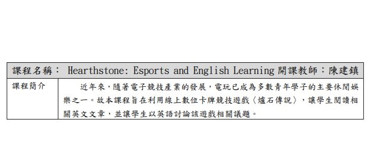 課程簡介表示要讓學生從爐石學英文。