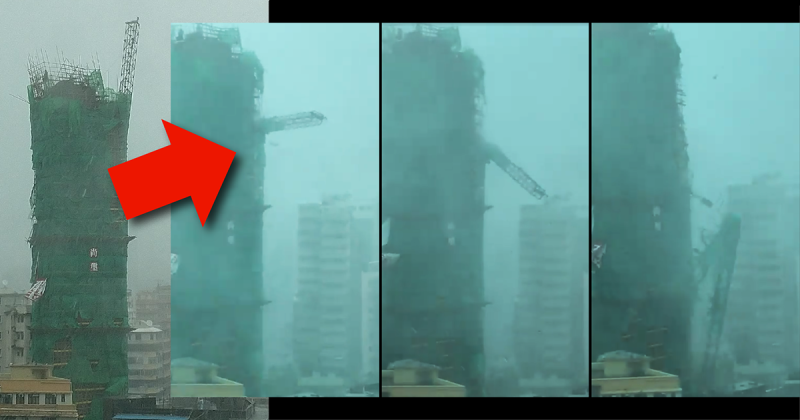 香港一棟施工中大樓天平疑似抵抗不住山竹強風墜落。
   圖：取自West La @我長大於大角咀微博